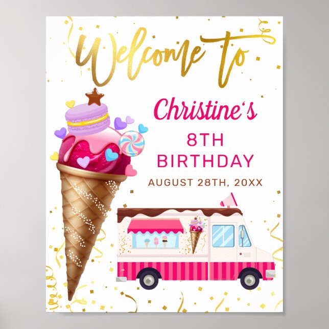 Pink Gold Ice Cream Truck Birthday Party Welcome Poster (Front)