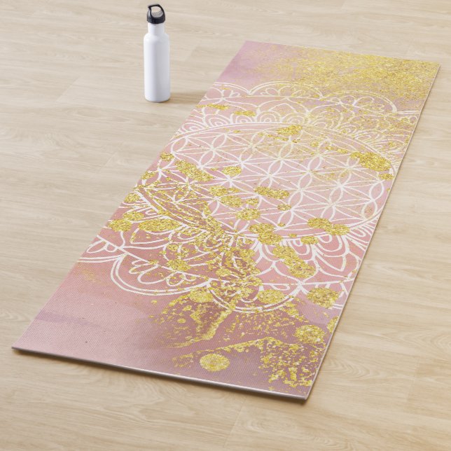 Pink Gold Ink Flower of Life Mandala Symbol Yoga Mat (In Situ)