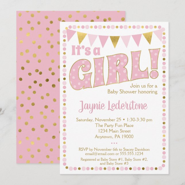 Pink Gold It's A Girl Baby Shower Invitation Dots (Front/Back)