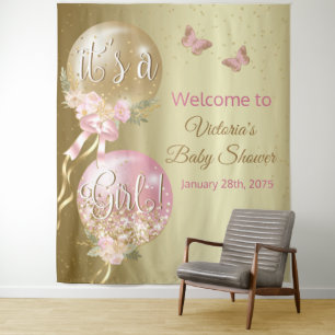 Pink Gold Its a Girl Baby Shower XL Backdrop Tapestry