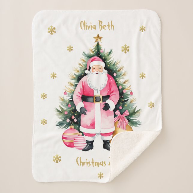 Pink & Gold Japandi Santa  Sherpa Blanket (Front)
