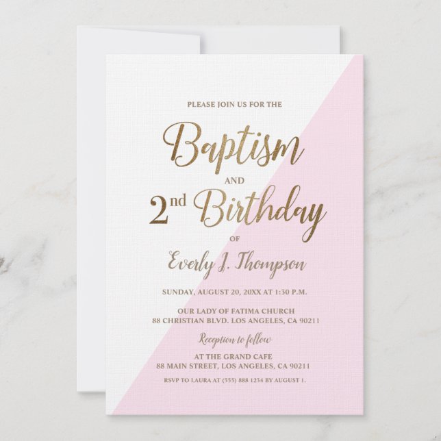 Pink Gold Joint Baptism 2nd Birthday Invitation (Front)