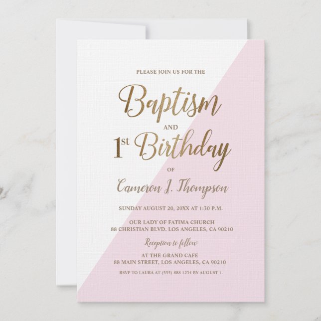 Pink Gold Joint Baptism and 1st Birthday Invitation (Front)