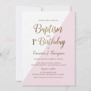 Pink Gold Joint Baptism and 1st Birthday Invitation