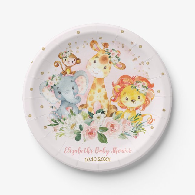 Pink Gold Jungle Animals Safari Floral Baby Girl Paper Plate (Front)