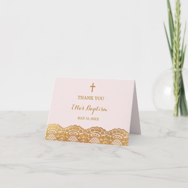 Pink Gold Lace Baptism Thank You Card (Front)