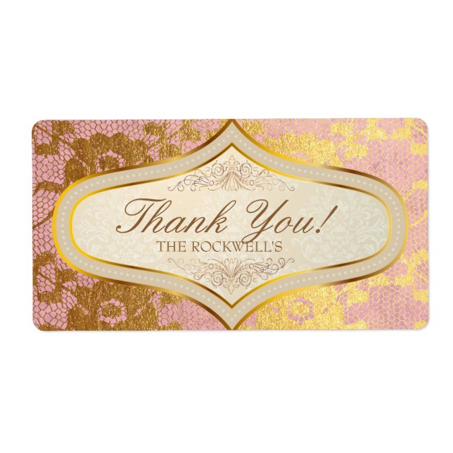 Pink Gold Lace Cream Wedding Label Thank You (Front)