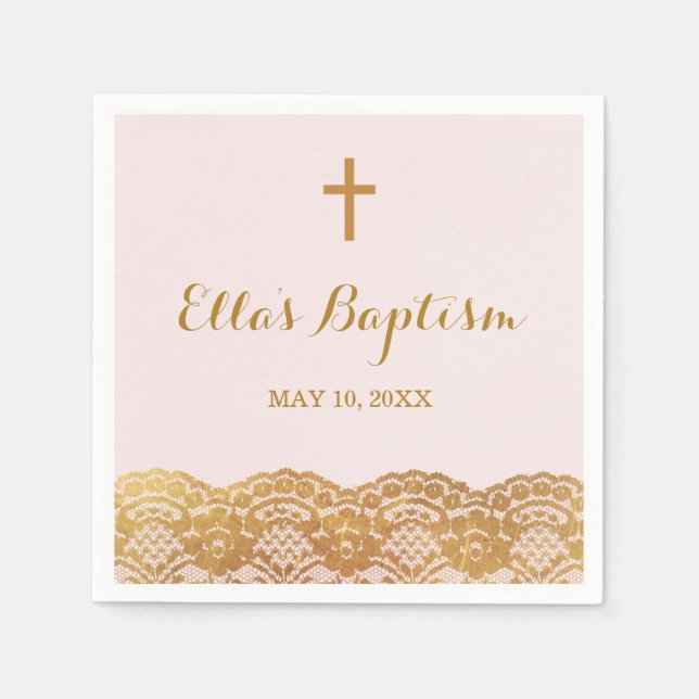 Pink Gold Lace Girl Baptism Napkin (Front)
