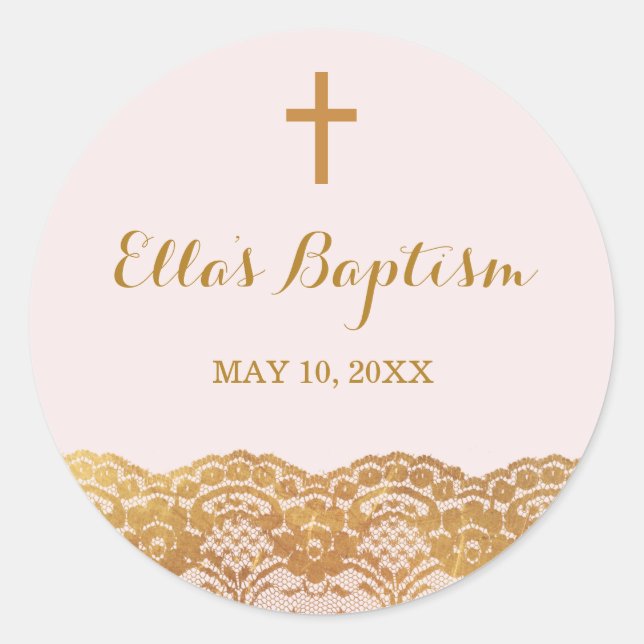 Pink Gold Lace Girl Baptism Sticker (Front)