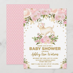 Pink Gold Lamb Baby Shower Blush Floral Invitation