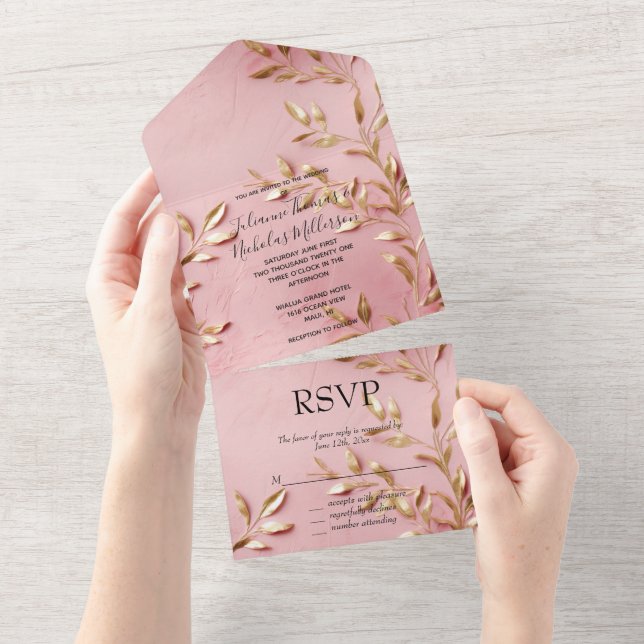 Pink Gold Leaves All In One Invitation (Tearaway)
