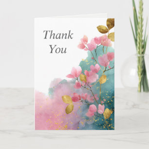 Pink & Gold Leaves on Watercolor Thank You Card