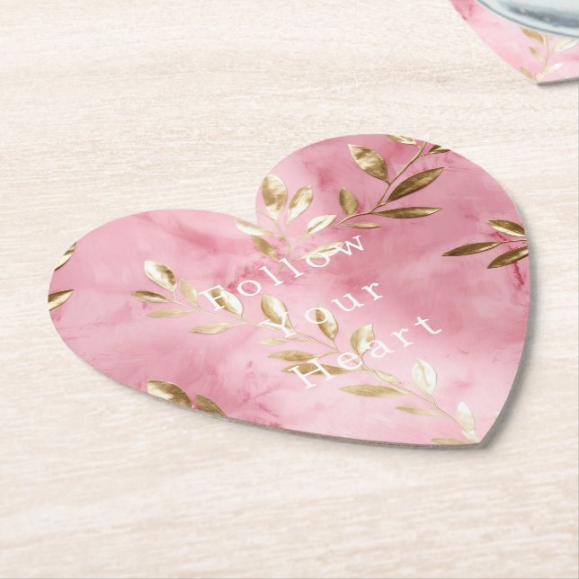 Pink Gold Leaves Paper Coaster (Angled)