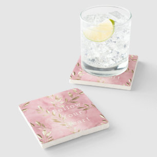 Pink Gold Leaves Stone Coaster