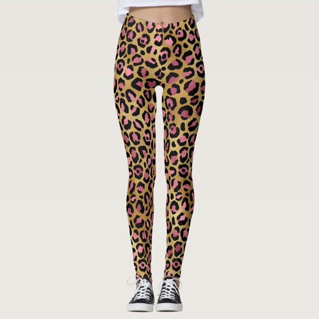 Pink & Gold Leopard Animal Print, Leopard Gift Leggings (Front)