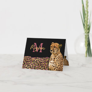 Pink Gold Leopard Cheetah personalised monogram Note Card
