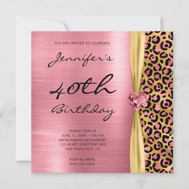 Pink Gold Leopard Foil Gem Ribbon 40th Birthday Invitation (Front)