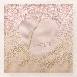 Pink Gold Leopard Print Love Blush Glitter   Glass Coaster