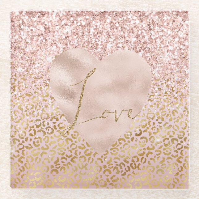 Pink Gold Leopard Print Love Blush Glitter   Glass Coaster (Front)