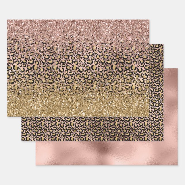 Pink Gold Leopard Print Sparkle Wrapping Paper Sheet (Set)