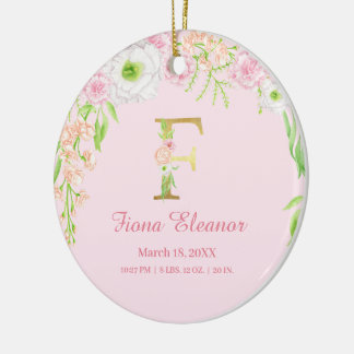 Pink & Gold Letter "F" Floral Monogram Birth Stats Ceramic Tree Decoration