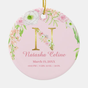 Pink & Gold Letter "N" Floral Monogram Birth Stats Ceramic Tree Decoration