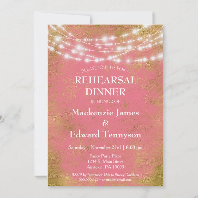 Pink Gold Lights Rehearsal Dinner Invitation (Front)