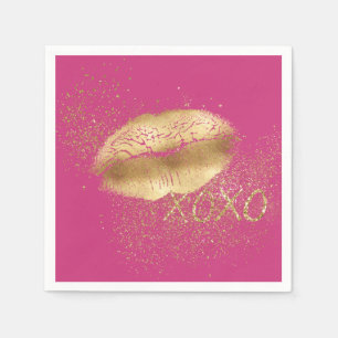 Pink Gold Lips Kiss Gold Glitter XOXO Napkin