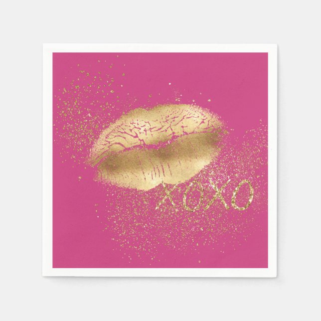 Pink Gold Lips Kiss Gold Glitter XOXO Napkin (Front)