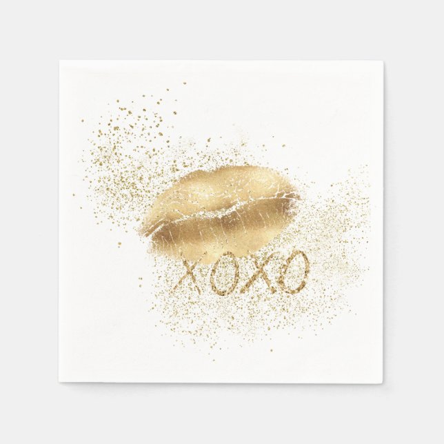 Pink Gold Lips Kiss Gold Glitter XOXO Napkin (Front)
