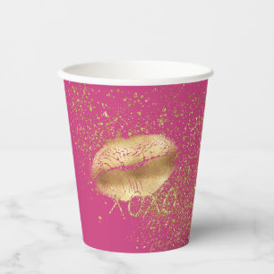 Pink Gold Lips Kiss Gold Glitter XOXO Paper Cups