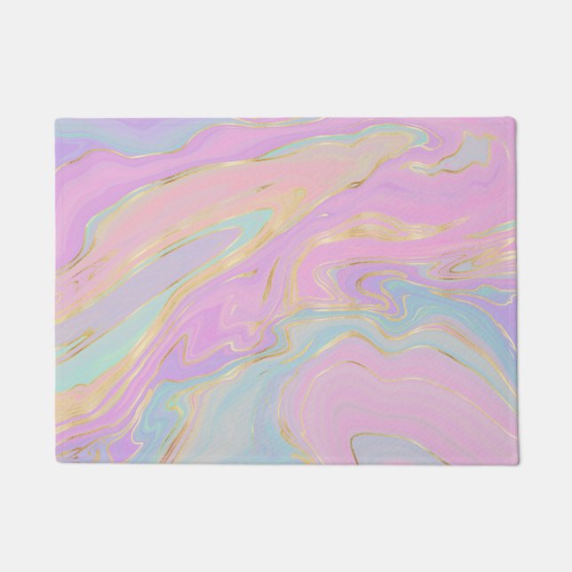 Pink Gold Liquid Swirl Rainbow Marble Doormat (Front)