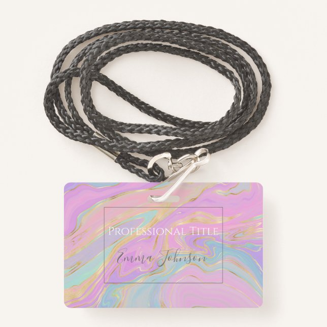 Pink Gold Liquid Swirl Rainbow Marble ID Badge (Front with Lanyard)