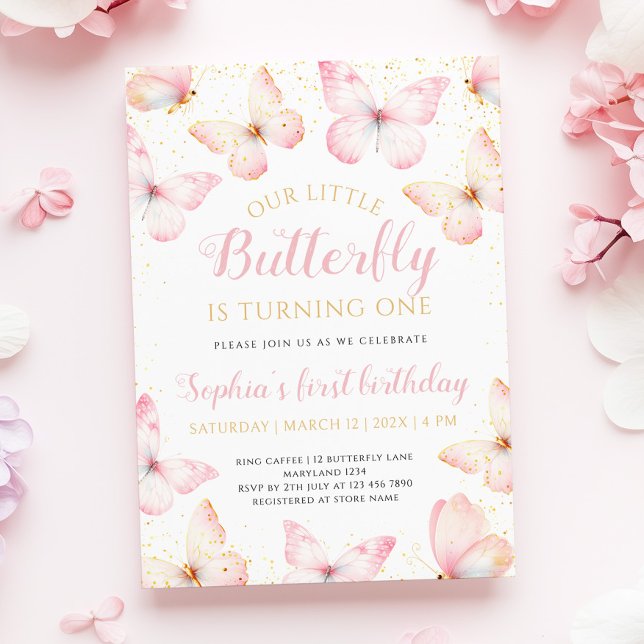 Pink Gold Little Butterfly is Turning One Birthday Invitation (Creator Uploaded)