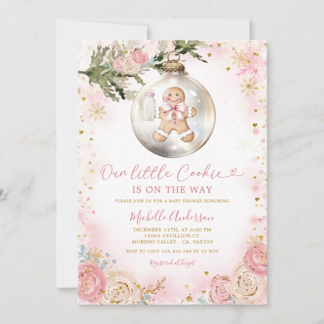 Pink Gold Little Cookie Floral Girl Baby Shower Invitation (Front)