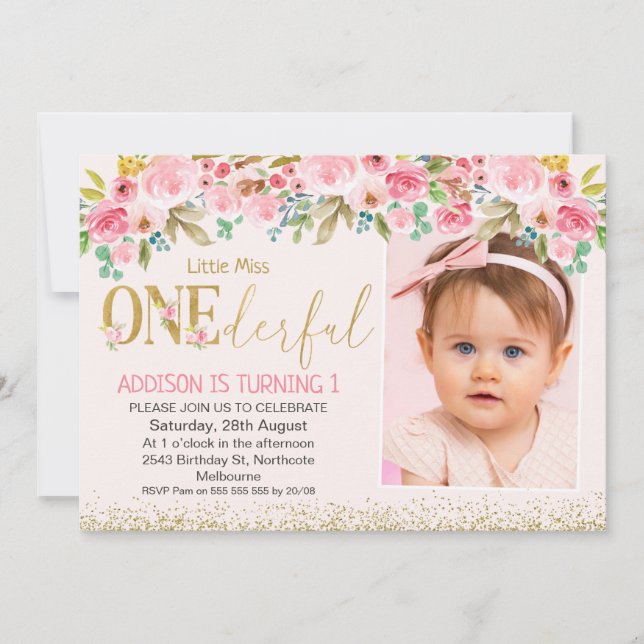 Pink Gold Little Miss Onederful Photo Birthday Invitation (Front)