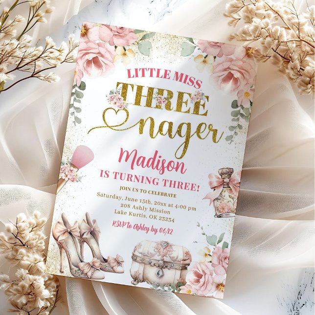 Pink Gold Little Miss Threenager Third Birthday Invitation (Creator Uploaded)