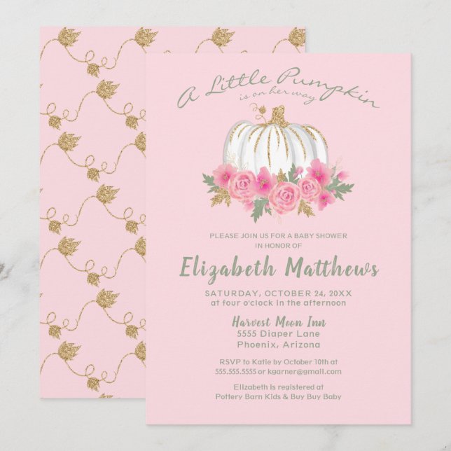 Pink Gold Little Pumpkin Girl Baby Shower Invitation (Front/Back)