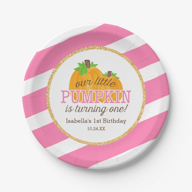 Pink Gold Little Pumpkin Girl First Birthday Paper Plate (Front)