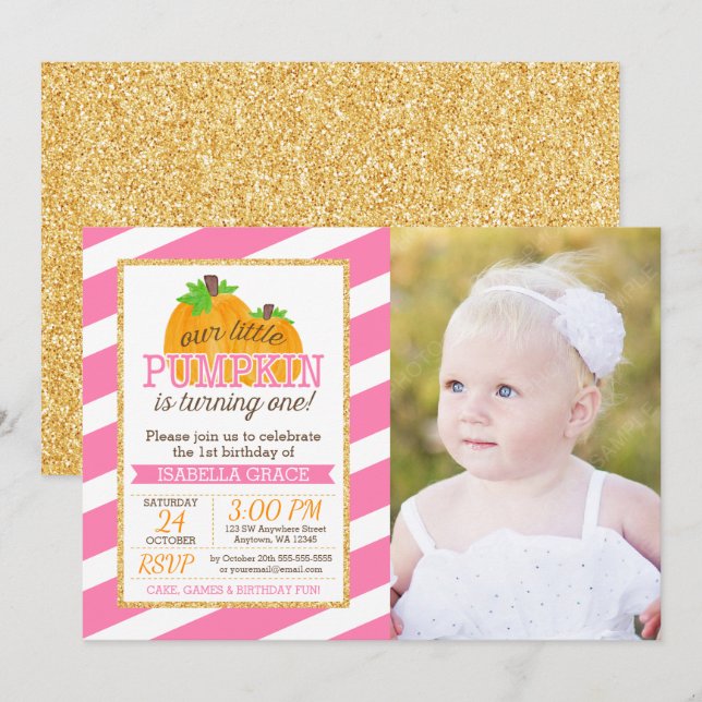 Pink Gold Little Pumpkin Girl First Birthday Photo Invitation (Front/Back)