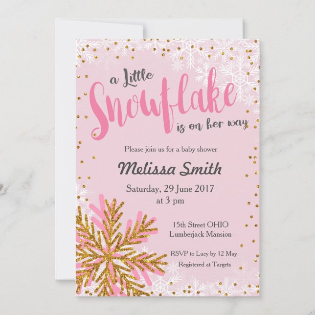 Pink Gold little snowflake baby shower invitation (Front)