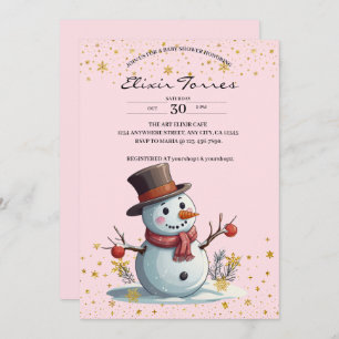 Pink & Gold Little Snowflakes Snowman Baby Shower Invitation