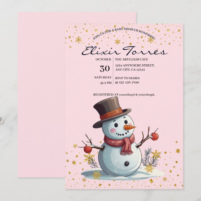 Pink & Gold Little Snowflakes Snowman Baby Shower Invitation (Front/Back)