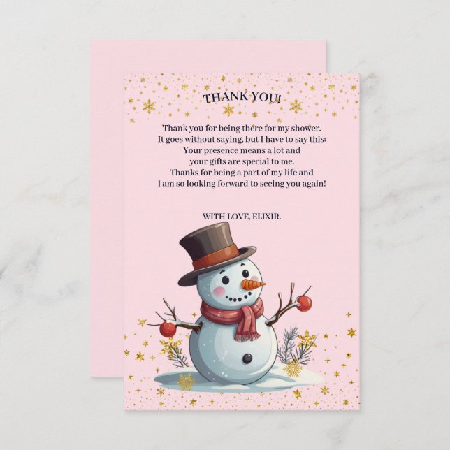Pink & Gold Little Snowflakes Snowman Baby Shower Thank You Card (Front/Back)