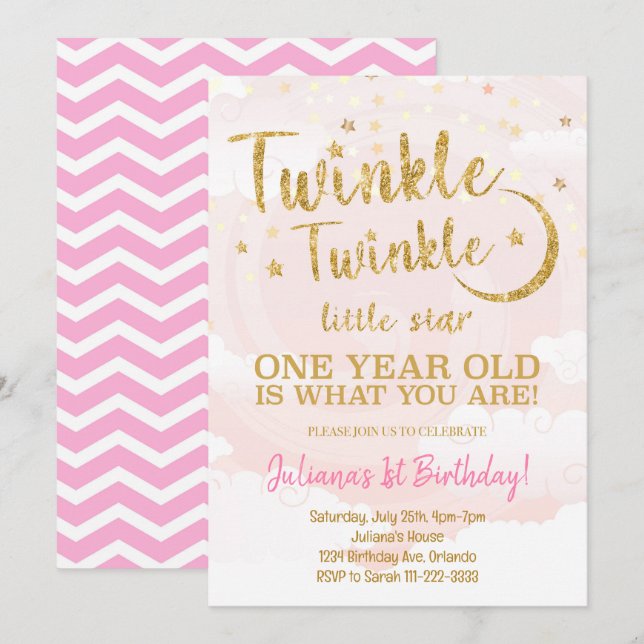 Pink Gold Little Star 1st Birthday Invitation (Front/Back)