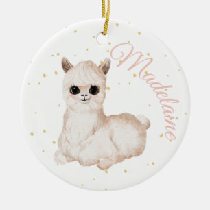 Pink Gold Llama Cute Photo Ceramic Tree Decoration