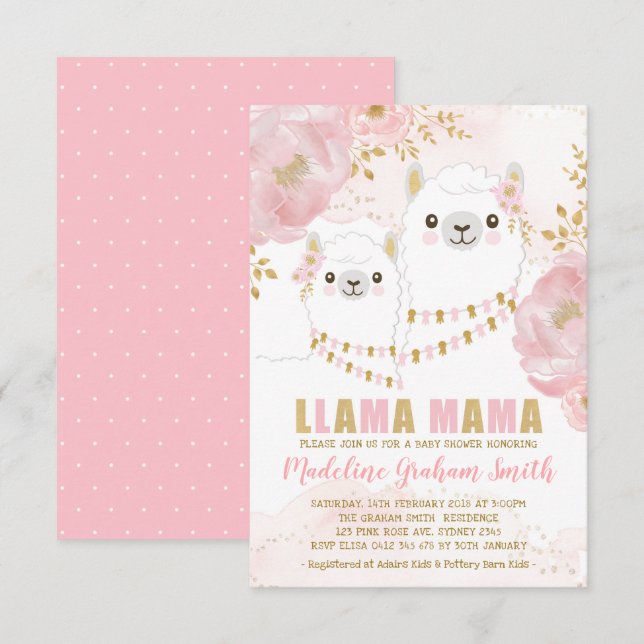 Pink Gold Llama Girl Baby Shower Blush Floral Invitation (Front/Back)