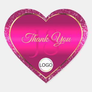 Pink Gold Logo and Initials Glitter Cute Thank You Heart Sticker