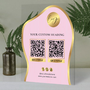 Pink & Gold Logo Business 2 QR Codes Promotional Acrylic Sign