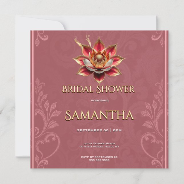 Pink Gold Lotus Bridal Shower Invitation Editable (Front)